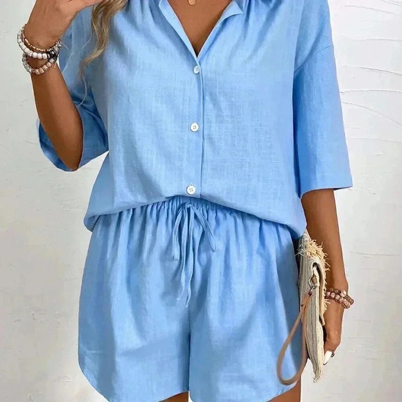 Blue Casual Women's Vacation Solid Color Drop-Shoulder Shirt And Shorts Set - Picture 4 of 7